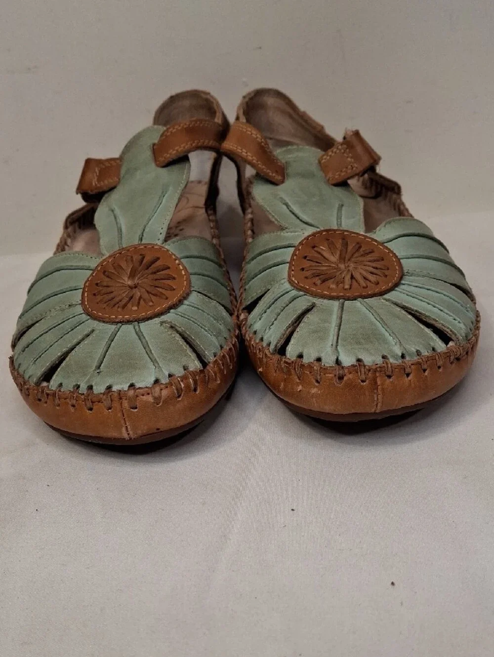 PIKOLINOS Puerta Vallarta Mint Green and Tan Leather Slingback Sandals